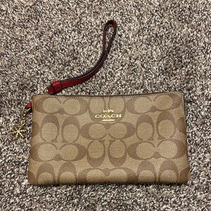 Coach Brown Wristlet with Red Strap